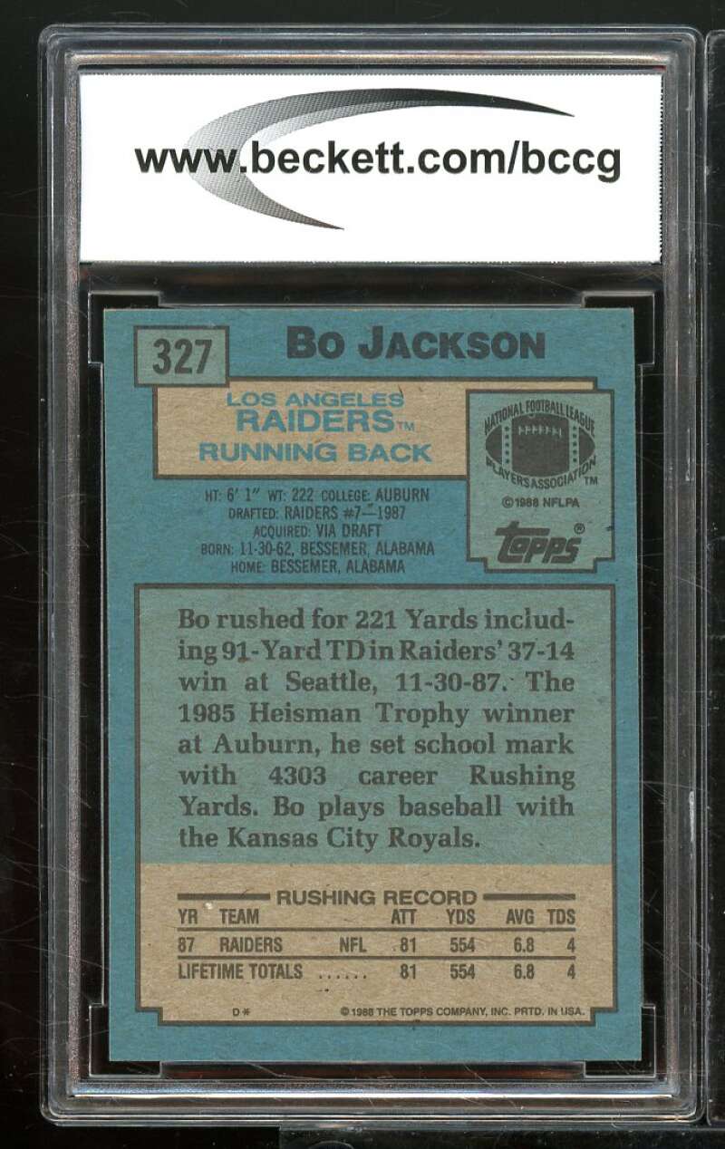 1988 Topps #327 Bo Jackson Rookie Card BGS BCCG 10 Mint+ Image 2