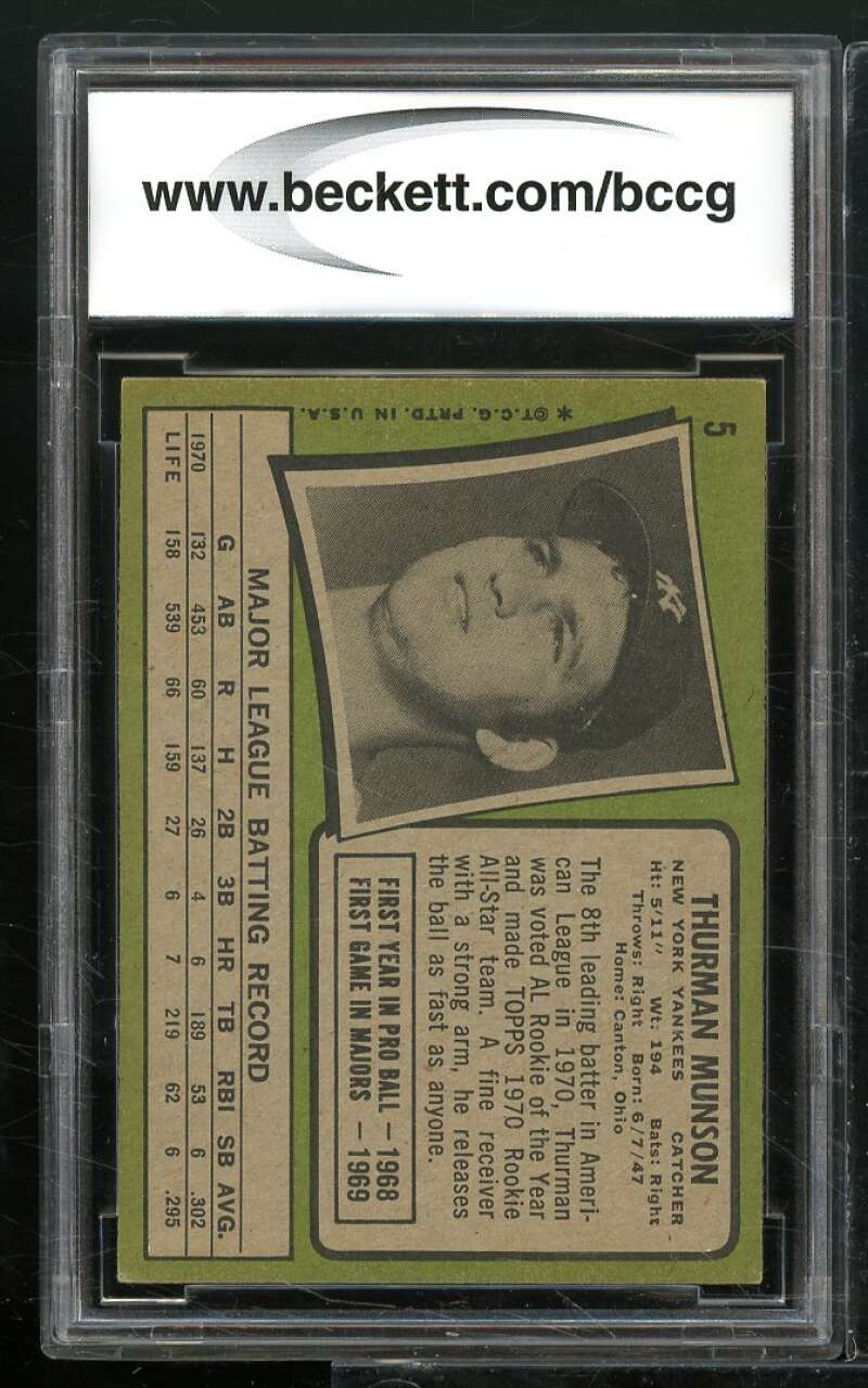 1971 Topps #5 Thurman Munson All-Star Rookie Card BGS BCCG 8 Excellent+ Image 2