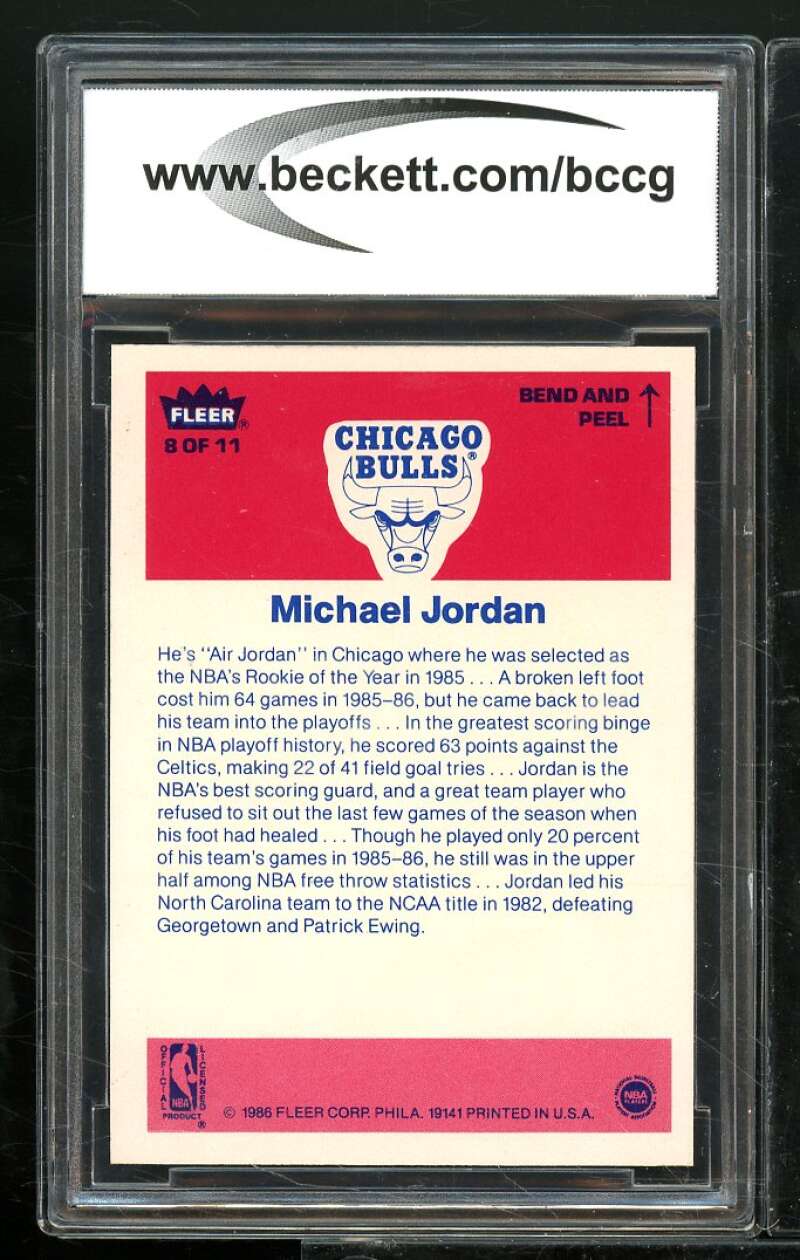 1986-87 Fleer Stickers #8 Michael Jordan Rookie Card BGS BCCG 10 Mint+ Image 2