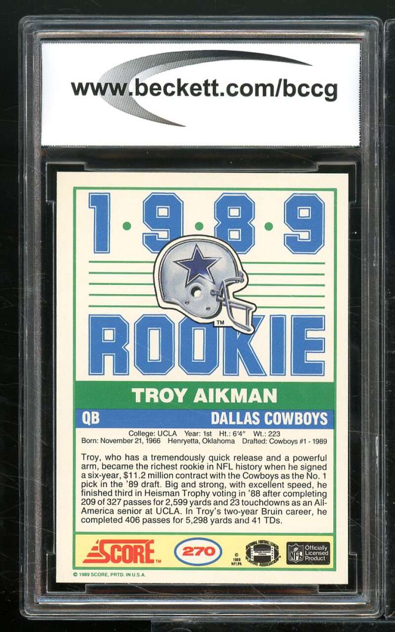 1989 Score #270 Troy Aikman Rookie Card BGS BCCG 10 Mint+ Image 2