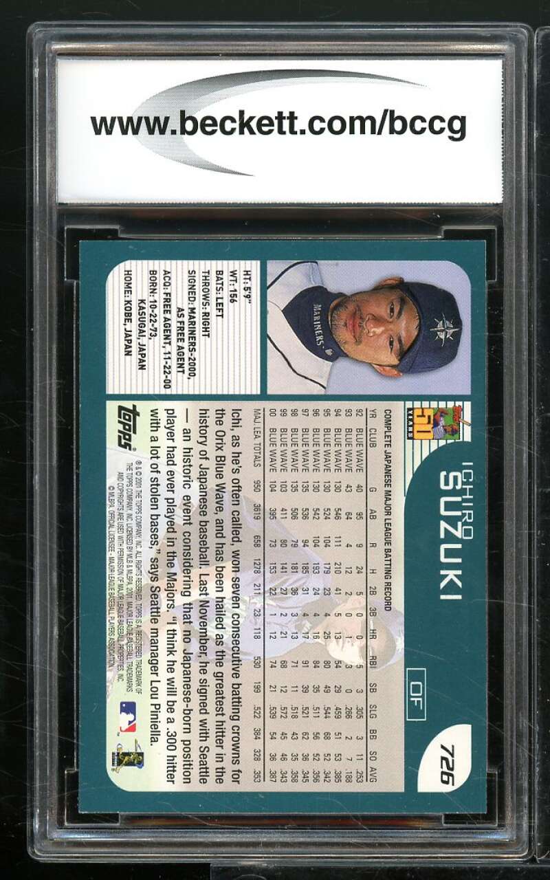 2001 Topps #726 Ichiro Suzuki Rookie Card BGS BCCG 9 Near Mint+ Image 2