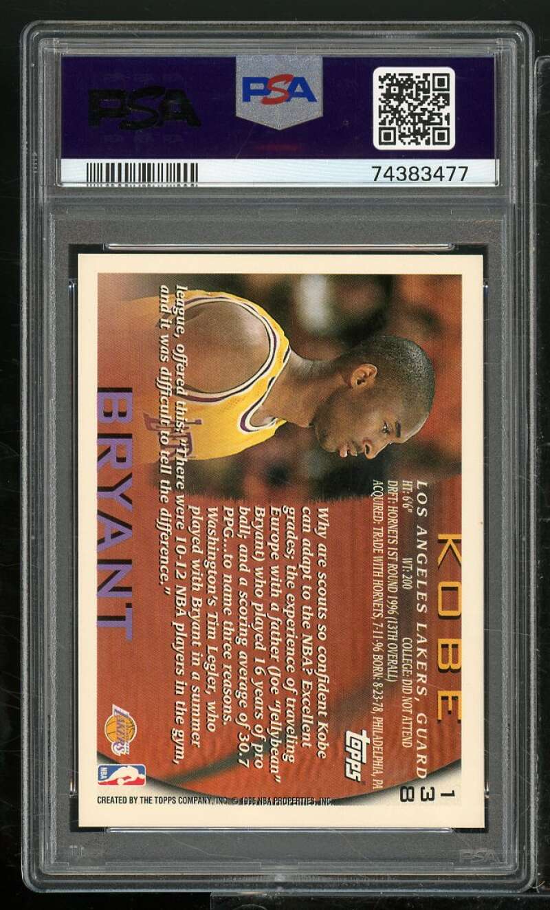 Kobe Bryant Rookie Card 1996-97 Topps #138 PSA 9 Image 2