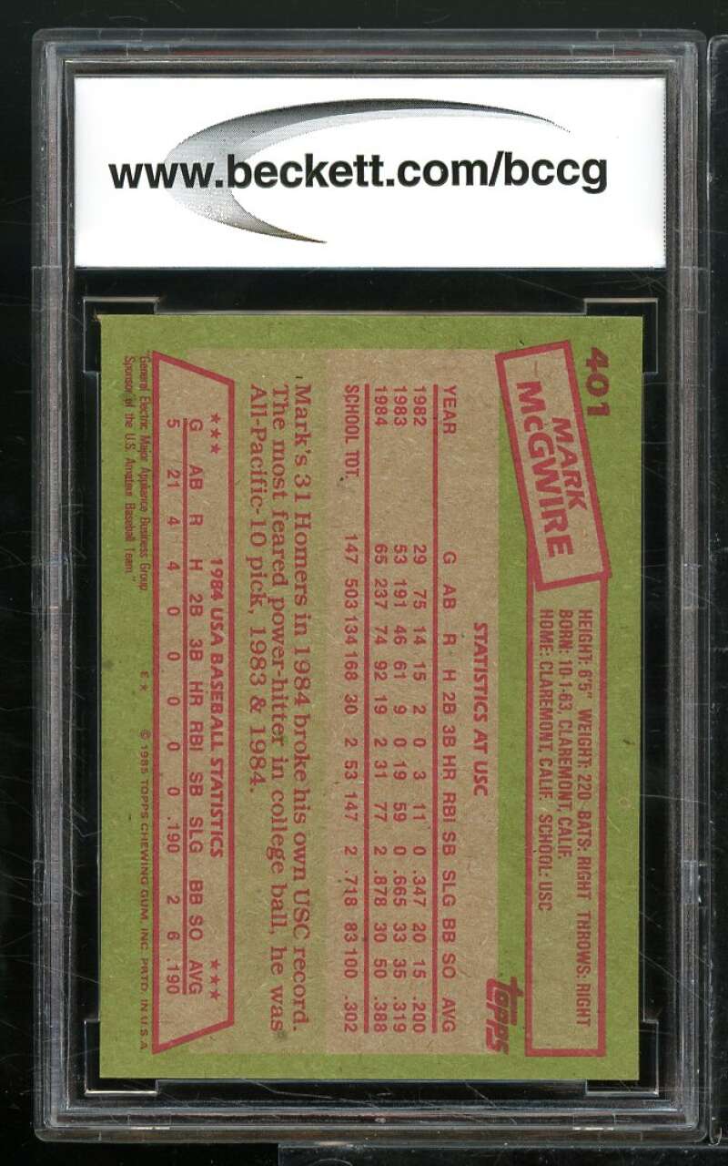 1985 Topps #401 Mark McGwire Rookie Card BGS BCCG 9 Near Mint+ Image 2