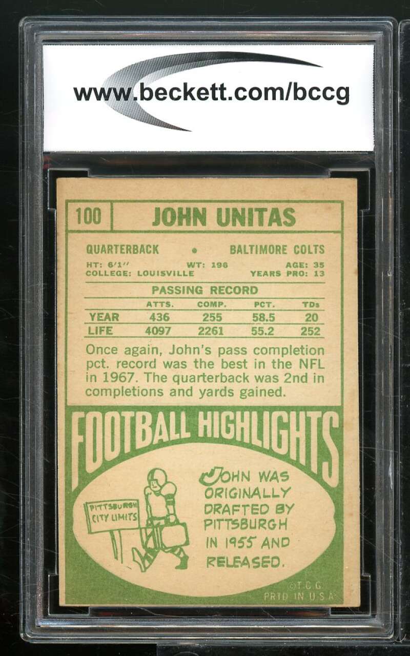 1968 Topps #100 Johnny Unitas Card BGS BCCG 7 Very Good+ Image 2