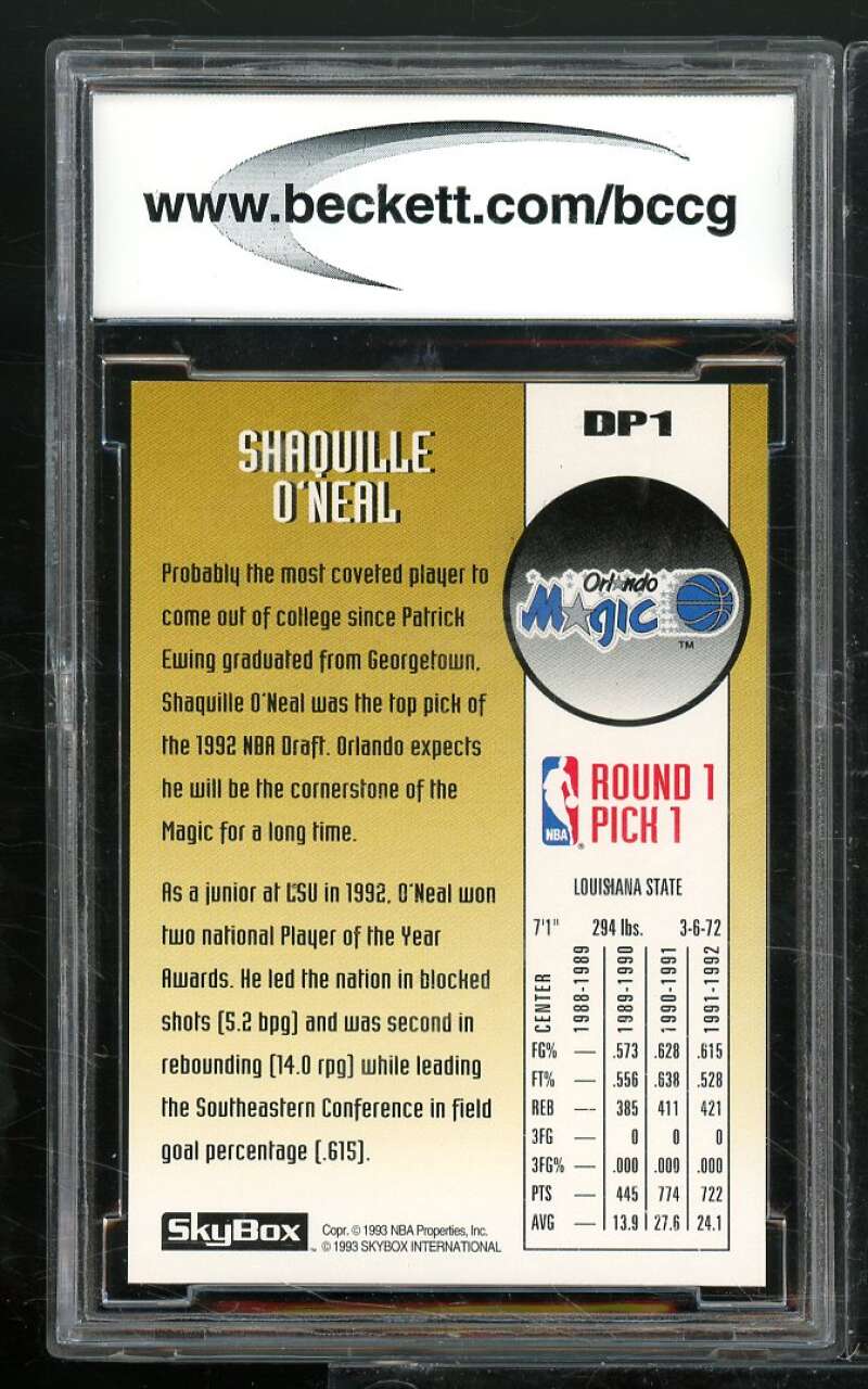 1992-93 SkyBox Draft Picks #DP1 Shaquille O'Neal Rookie Card BGS BCCG 10 Mint+ Image 2