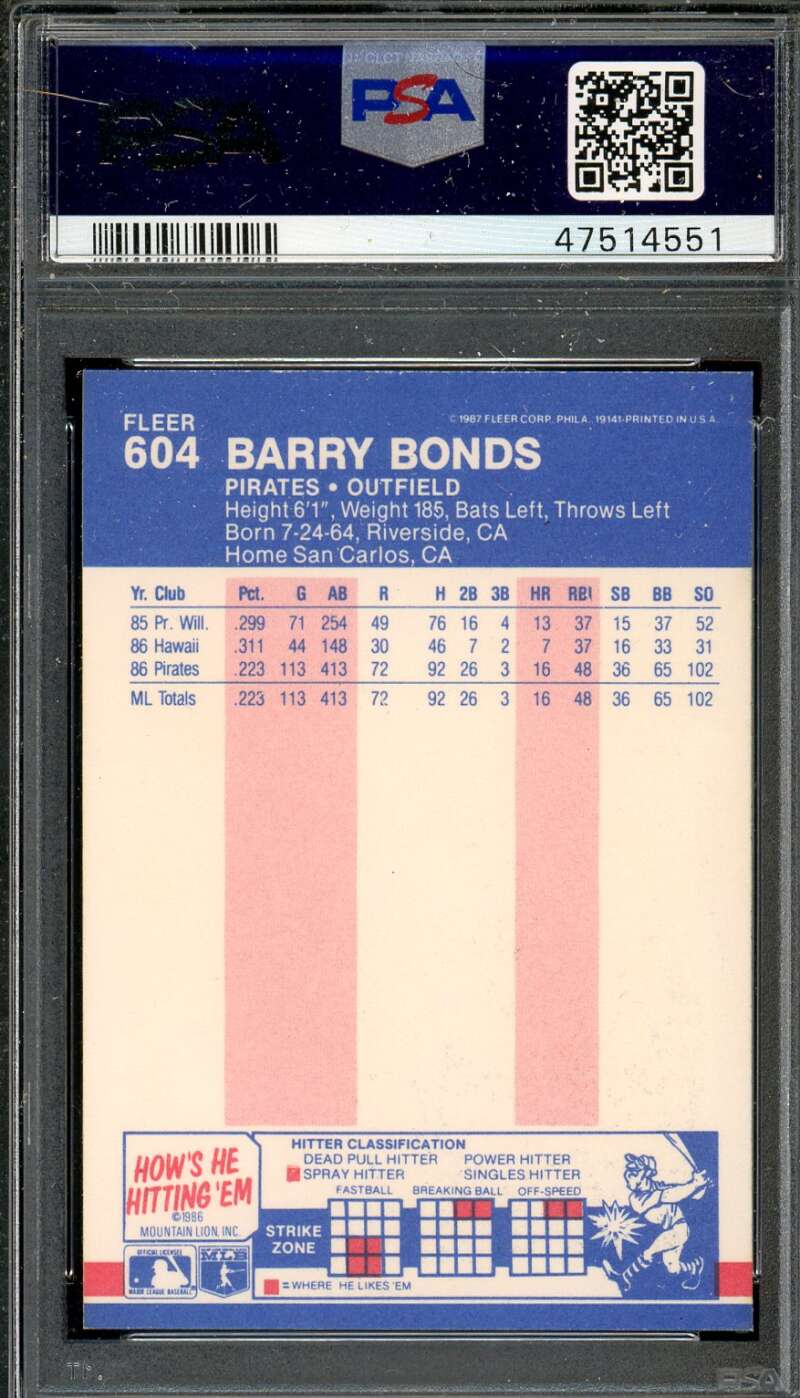 Barry Bonds Rookie Card 1987 Fleer #604 PSA 8 Image 2