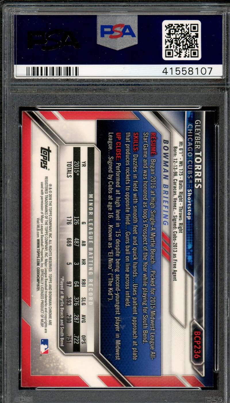 Gleyber Torres Rookie Card 2016 Bowman Chrome #BCP236 PSA 10 Image 2