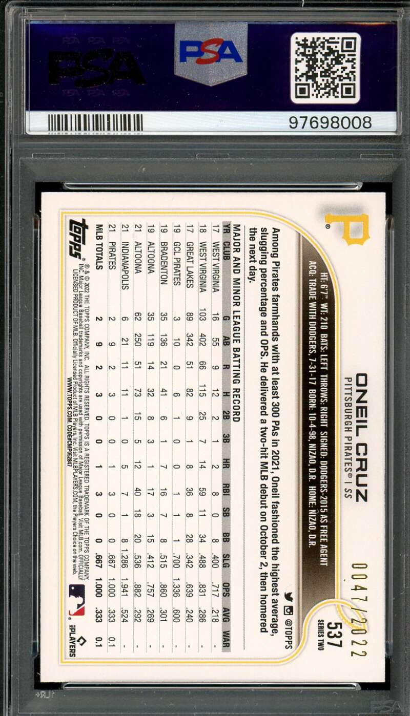 Oneil Cruz Rookie Card 2022 Topps Gold #537 PSA 8 Image 2