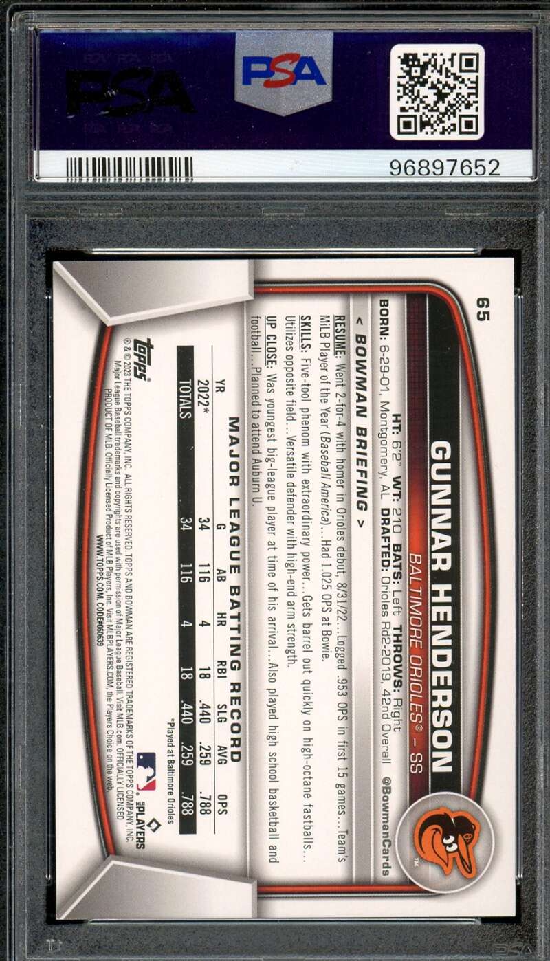 Gunnar Henderson Rookie Card 2023 Bowman #65 PSA 9 Image 2