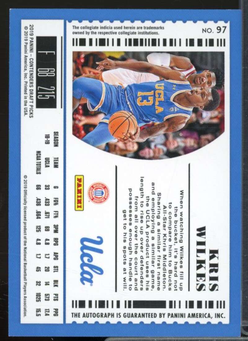 Kris Wilkes AU Rookie Card 2019-20 Panini Contenders Draft Picks #97  Image 2