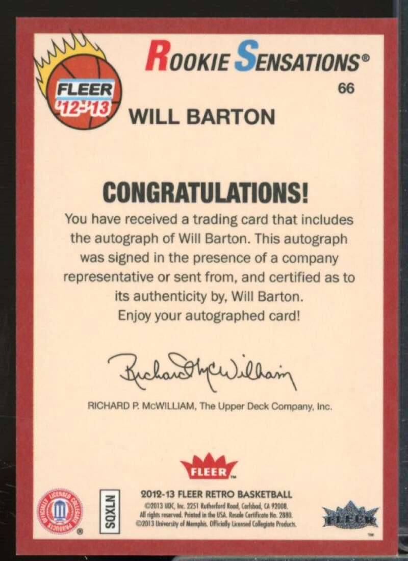 Will Barton RS B Rookie Card 2012-13 Fleer Retro Autographs #66  Image 2