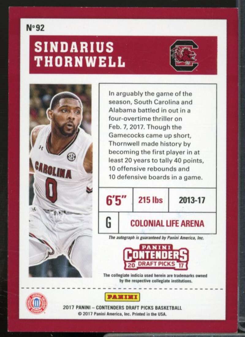 Sindarius Thornwell AU Rookie Card 2017-18 Panini Contenders Draft Picks #92  Image 2