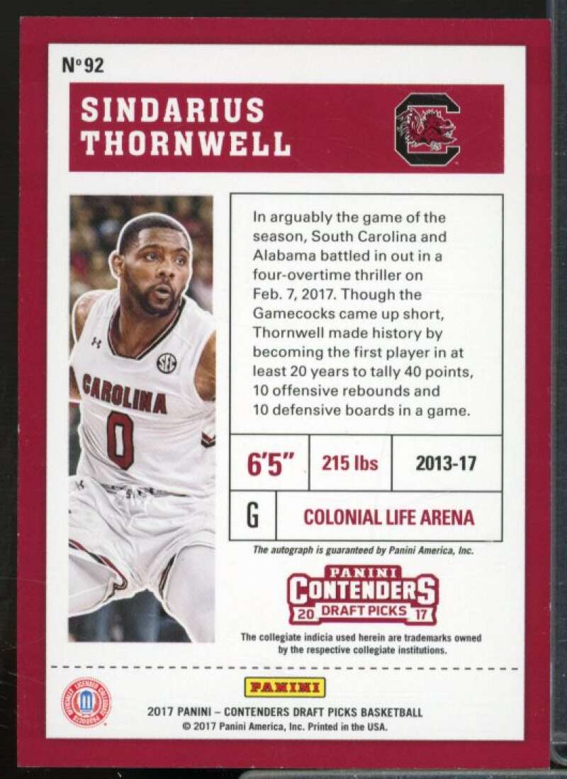 Sindarius Thornwell AU Rookie Card 2017-18 Panini Contenders Draft Picks #92  Image 2