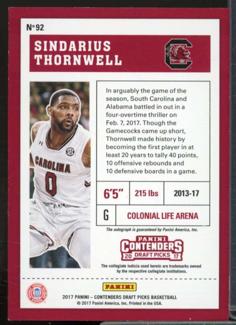 Sindarius Thornwell AU Rookie Card 2017-18 Panini Contenders Draft Picks #92  Image 2