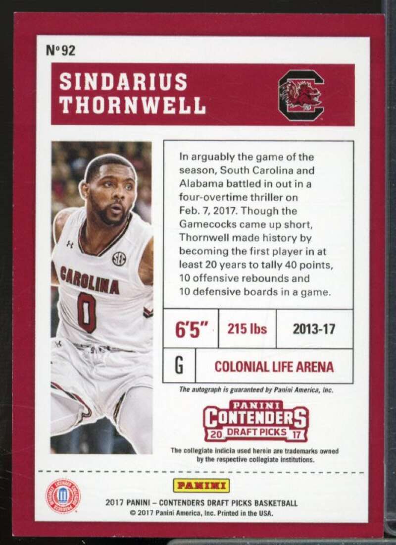 Sindarius Thornwell AU Rookie Card 2017-18 Panini Contenders Draft Picks #92  Image 2