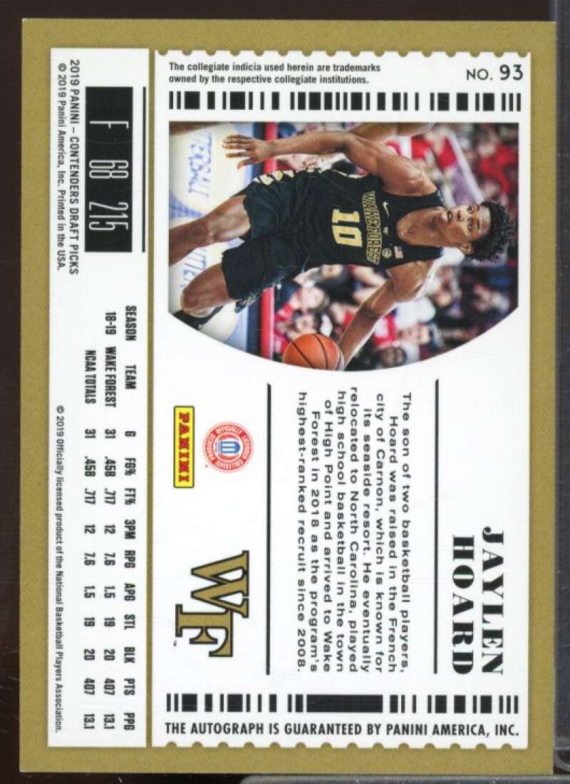 Jaylen Hoard AU Rookie Card 2019-20 Panini Contenders Draft Picks #93  Image 2