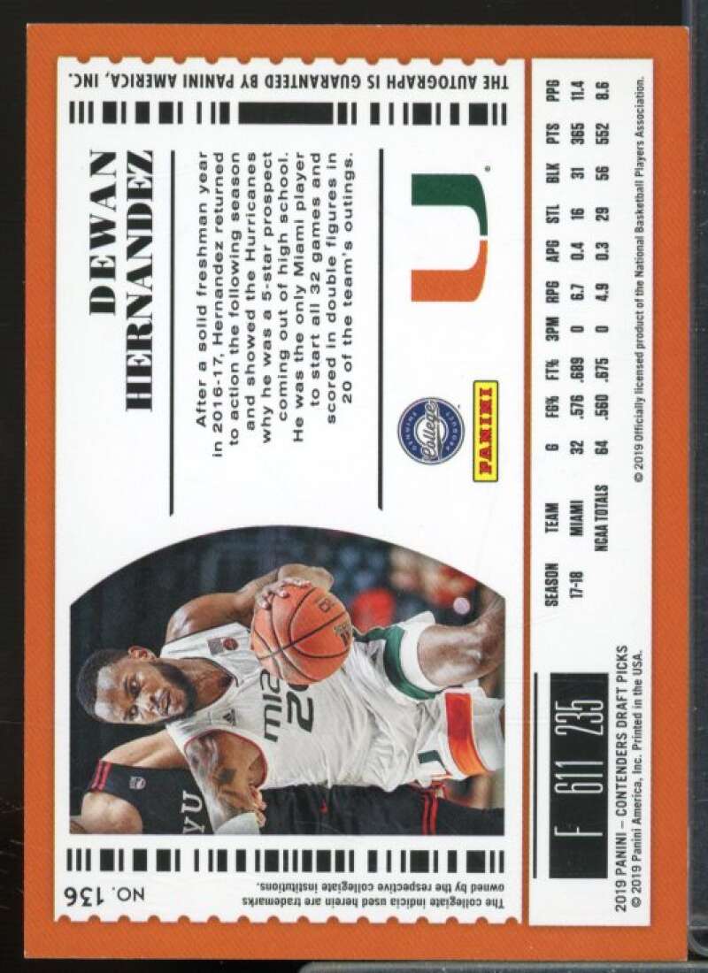 Dewan Hernandez AU Rookie Card 2019-20 Panini Contenders Draft Picks #136  Image 2