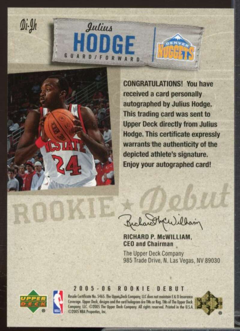 Julius Hodge Rookie Card 2005-06 Upper Deck Rookie Debut Ink #JH  Image 2