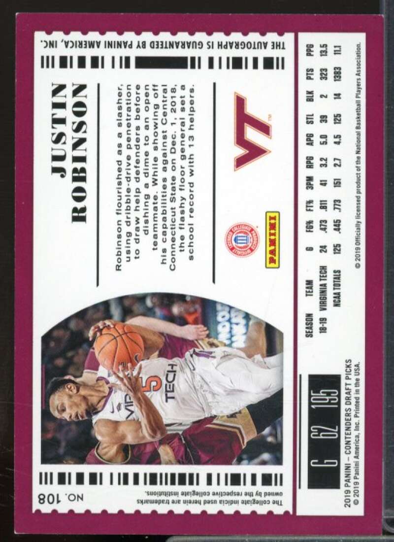 Justin Robinson AU Rookie Card 2019-20 Panini Contenders Draft Picks #108  Image 2