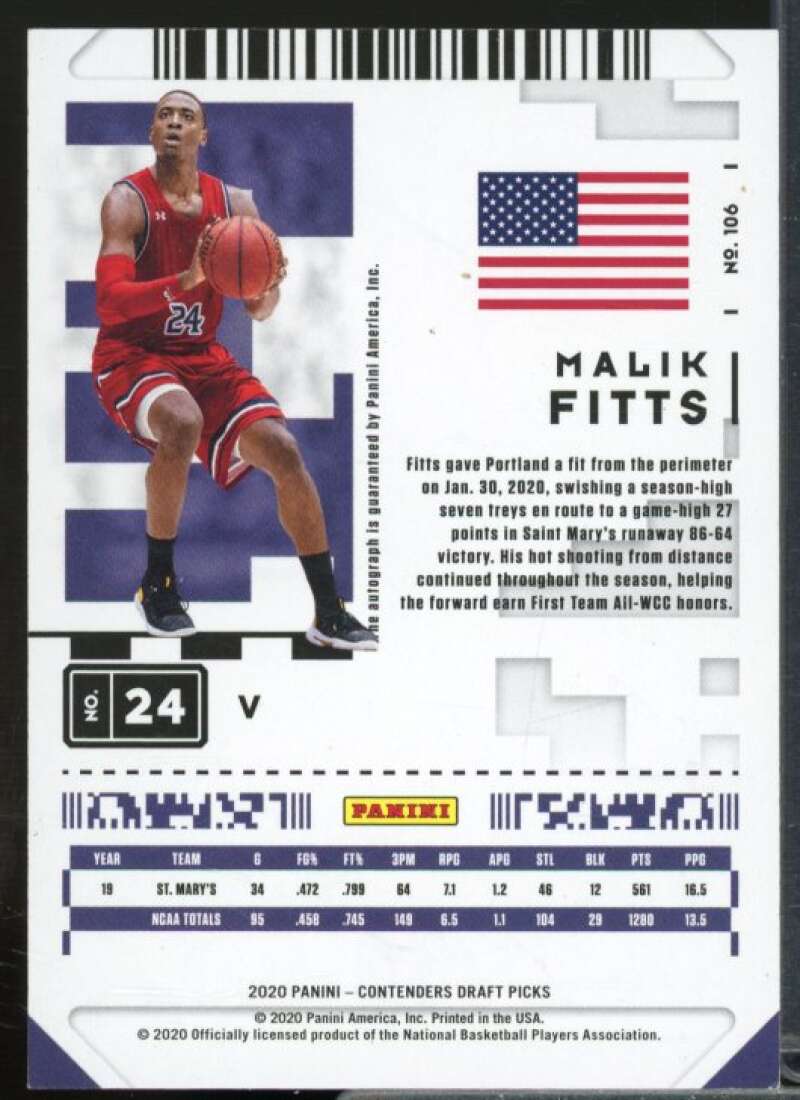 Malik Fitts Card 2020-21 Contenders Draft Picks Prospect Ticket Auto Green #106  Image 2