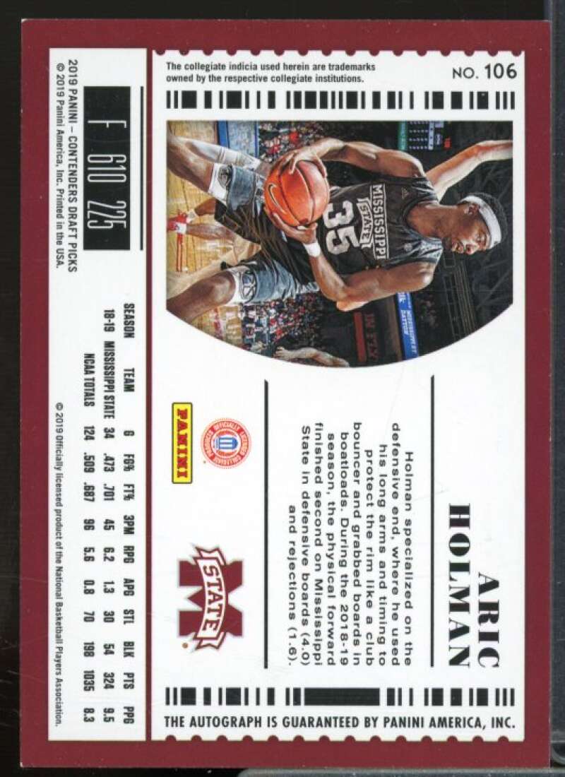 Aric Holman AU Rookie Card 2019-20 Panini Contenders Draft Picks #106  Image 2