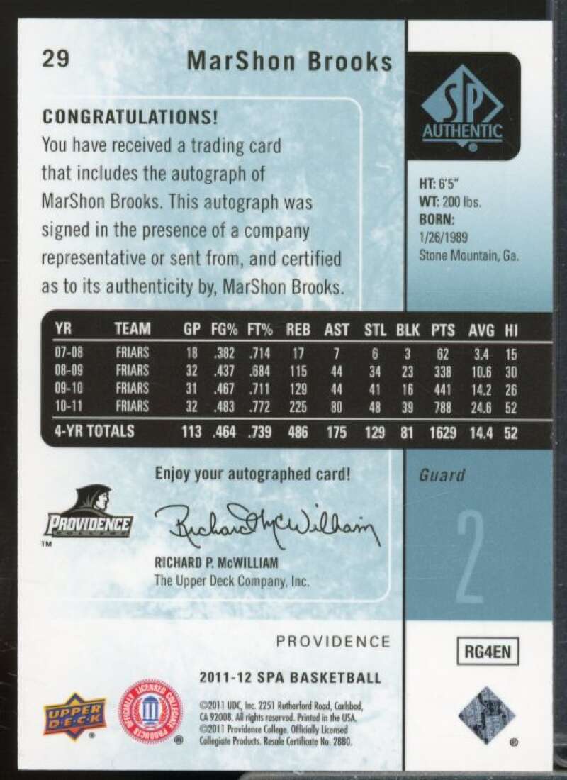 MarShon Brooks Rookie Card 2011-12 SP Authentic Autographs #29  Image 2