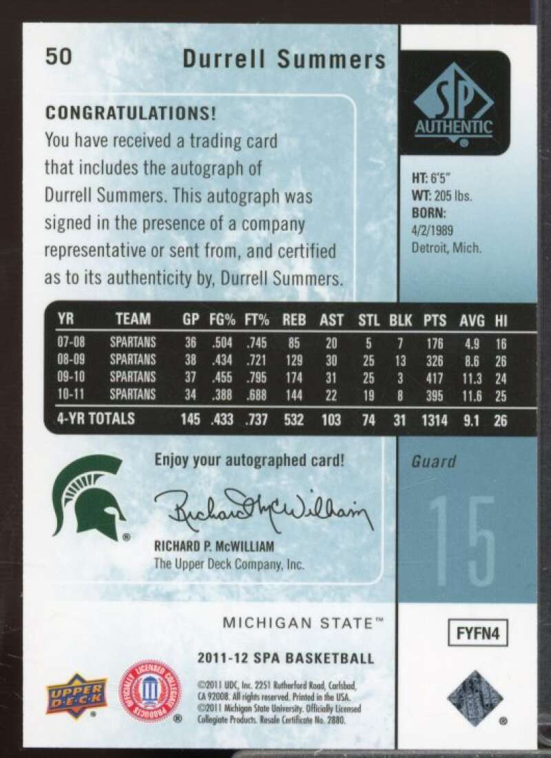 Durrell Summers Rookie Card 2011-12 SP Authentic Autographs #50  Image 2