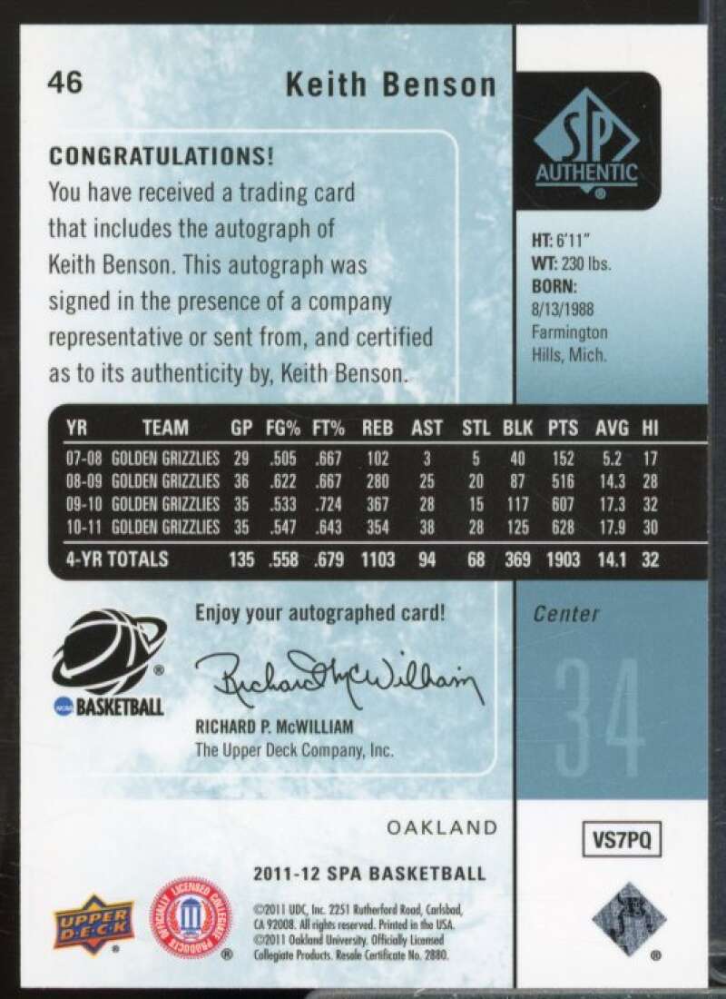 Keith Benson Rookie Card 2011-12 SP Authentic Autographs #46  Image 2