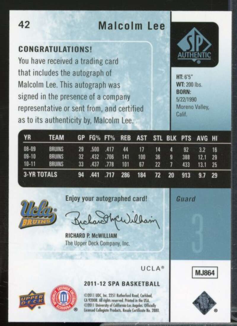 Malcolm Lee Rookie Card 2011-12 SP Authentic Autographs #42  Image 2