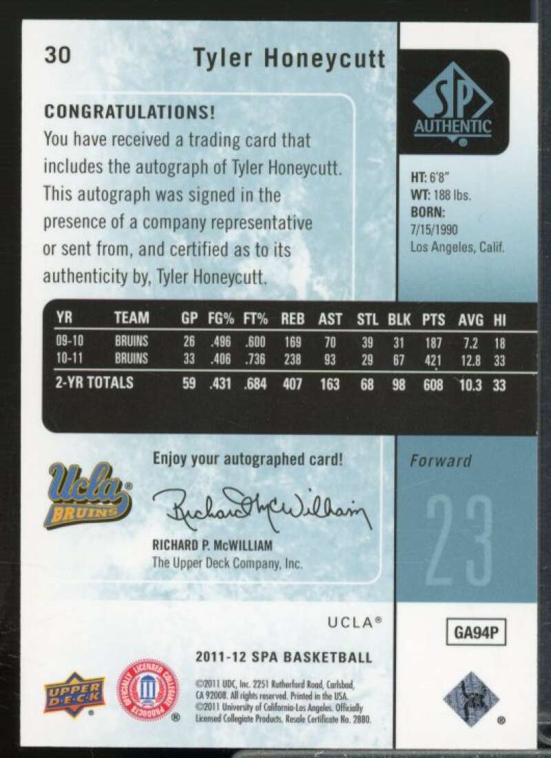 Tyler Honeycutt Rookie Card 2011-12 SP Authentic Autographs #30  Image 2