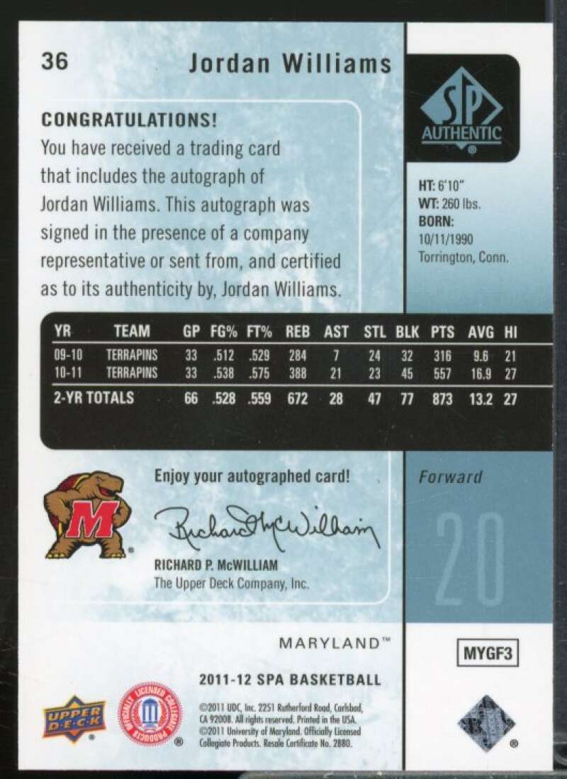 Jordan Williams Rookie Card 2011-12 SP Authentic Autographs #36  Image 2