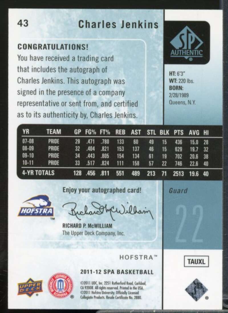 Charles Jenkins Rookie Card 2011-12 SP Authentic Autographs #43  Image 2