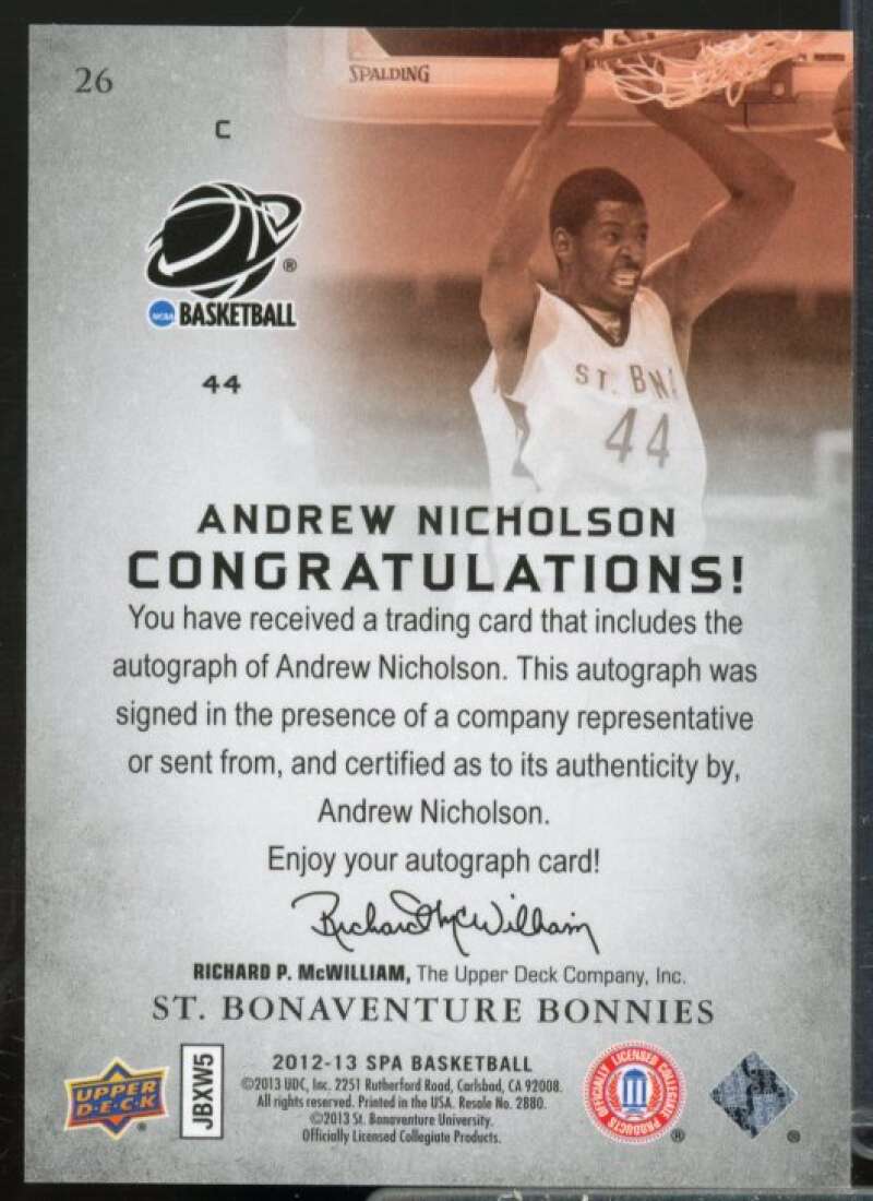 Andrew Nicholson C Rookie Card 2012-13 SP Authentic Autographs #26  Image 2