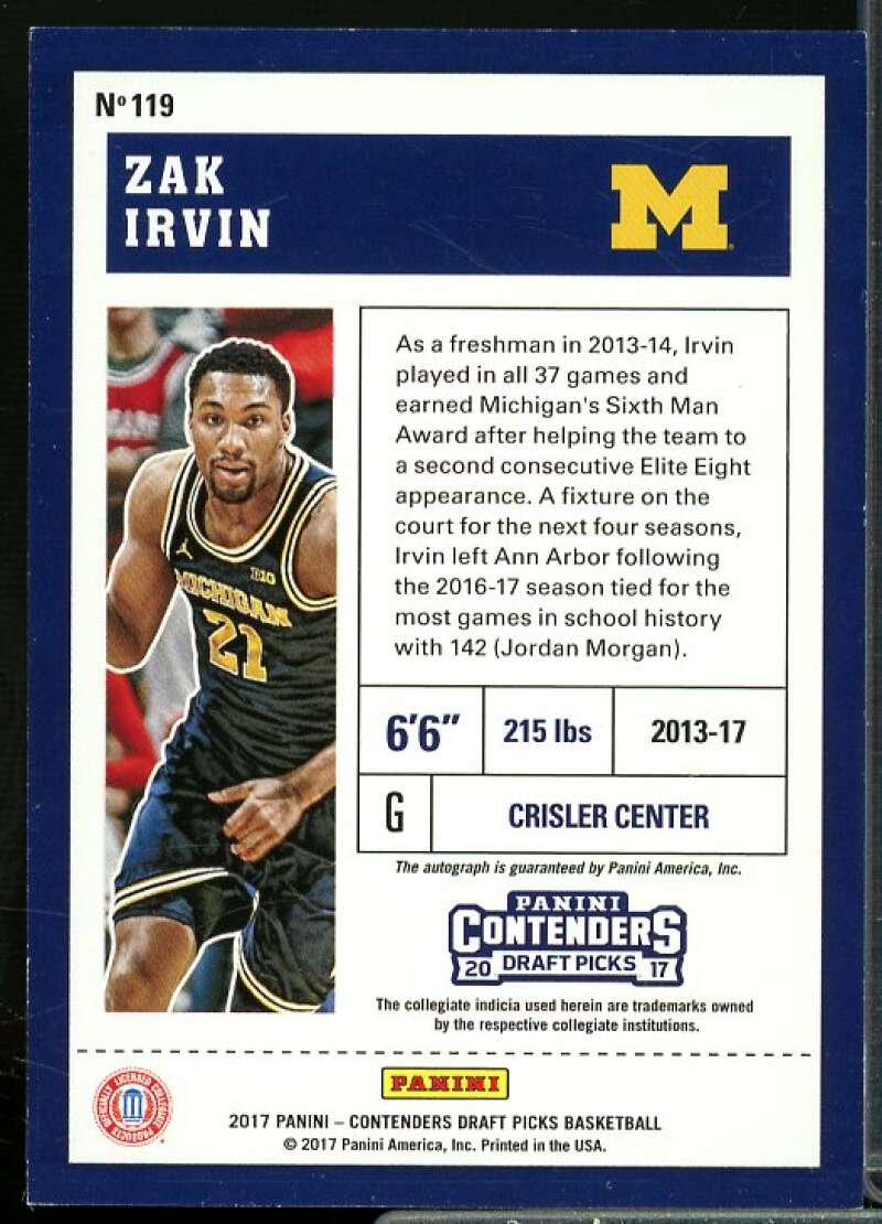 Zak Irvin AU Rookie Card 2017-18 Panini Contenders Draft Picks #119  Image 2