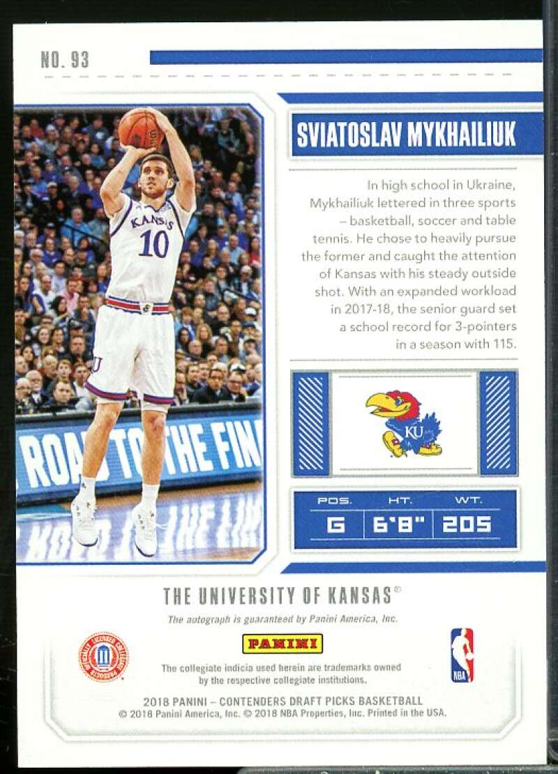 Svi Mykhailiuk AU Rookie Card 2018-19 Panini Contenders Draft Picks #93  Image 2