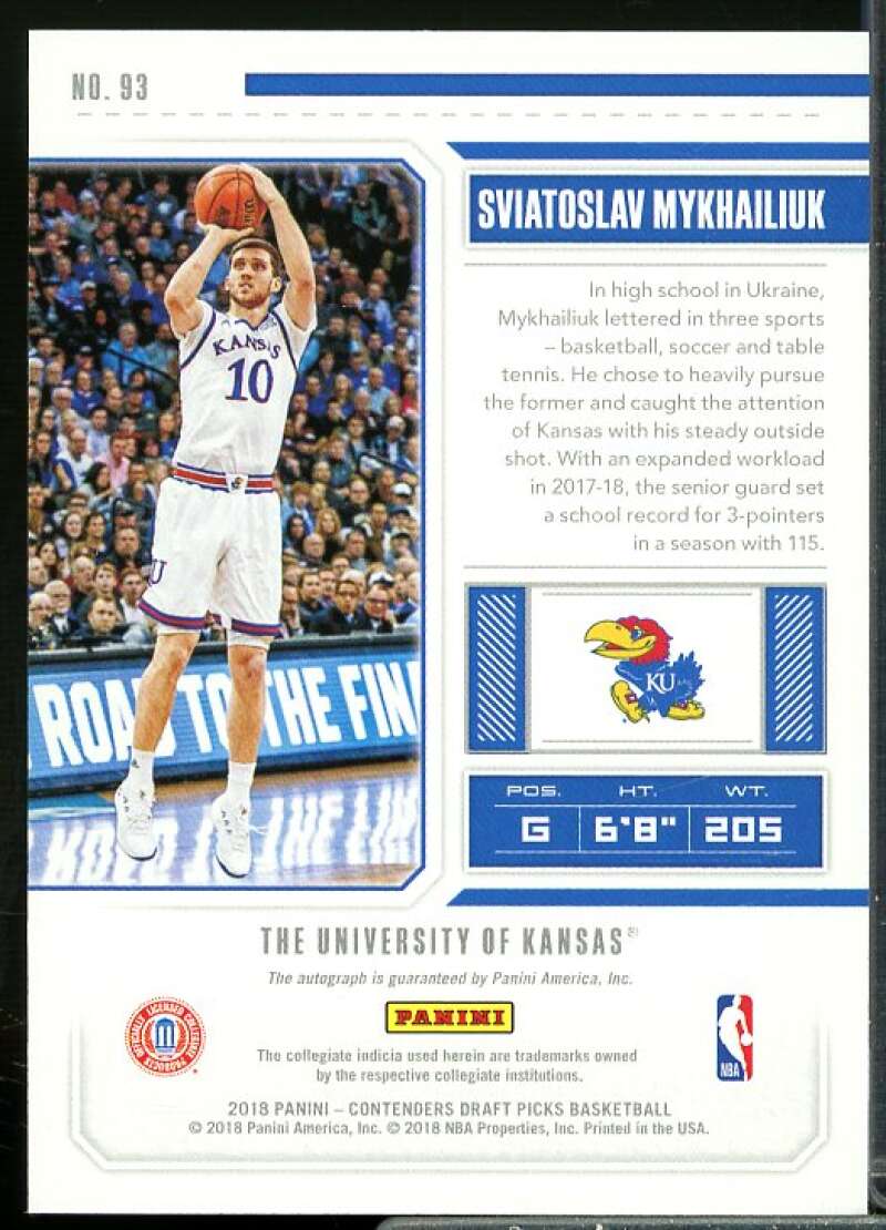 Svi Mykhailiuk AU Rookie Card 2018-19 Panini Contenders Draft Picks #93  Image 2