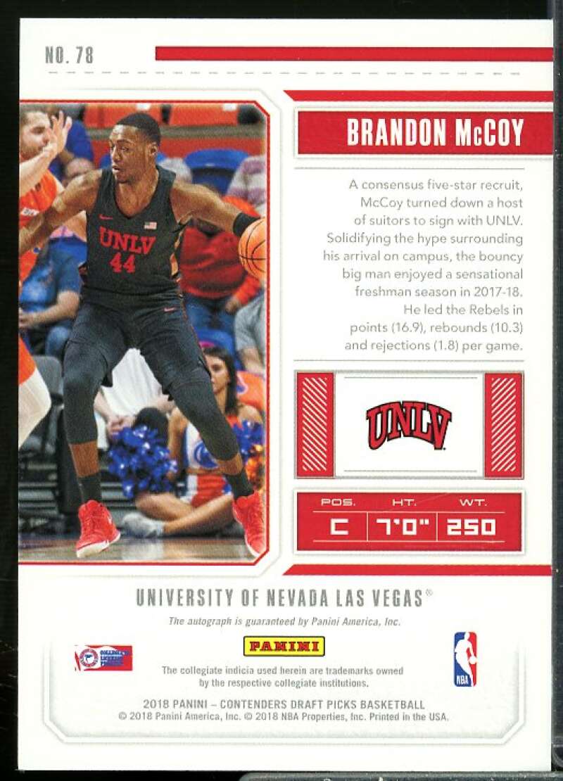 Brandon McCoy AU Rookie Card 2018-19 Panini Contenders Draft Picks #78  Image 2