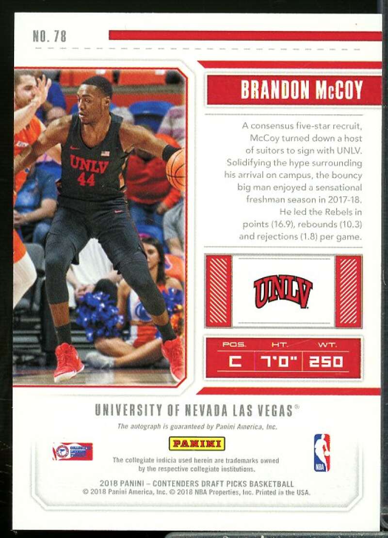 Brandon McCoy AU Rookie Card 2018-19 Panini Contenders Draft Picks #78  Image 2