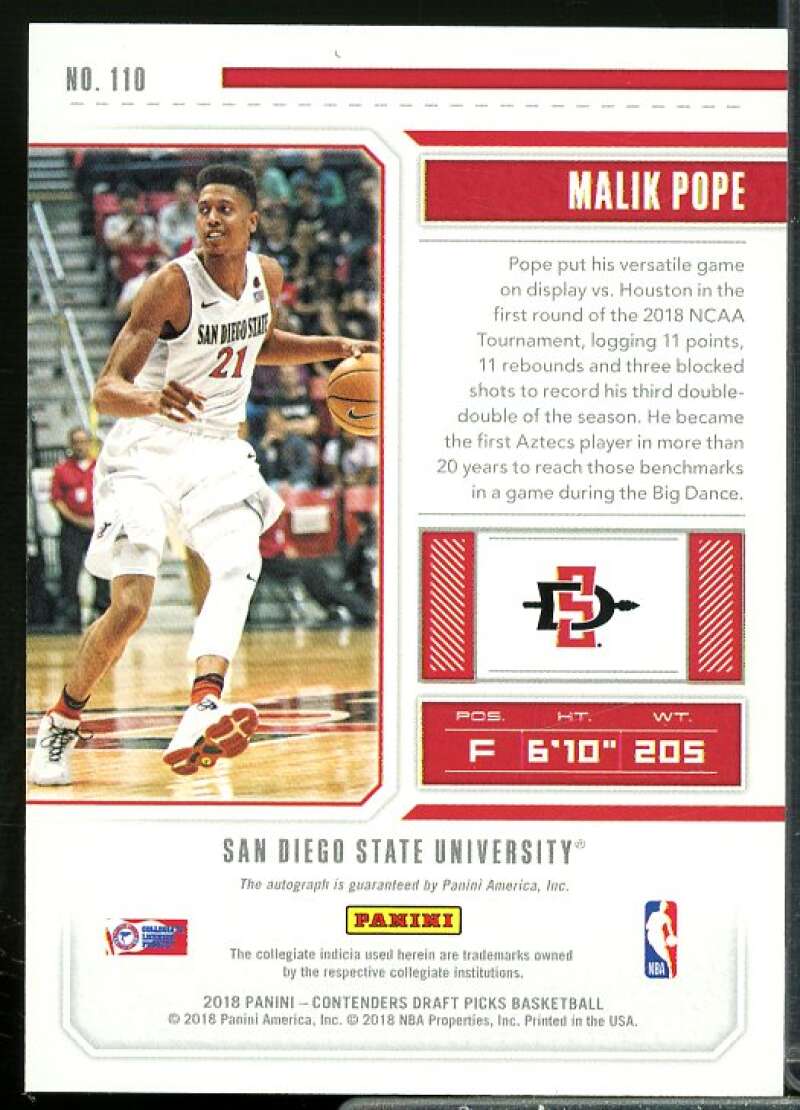 Malik Pope AU Rookie Card 2018-19 Panini Contenders Draft Picks #110  Image 2