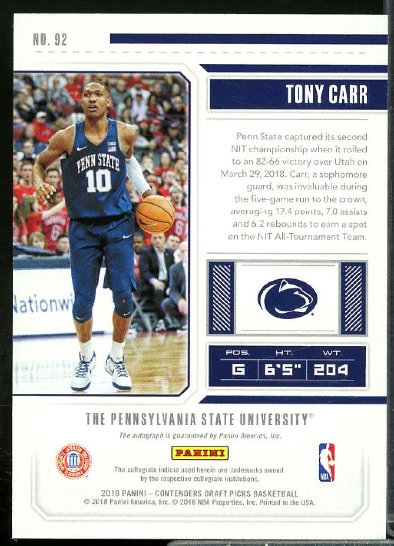 Tony Carr AU Rookie Card 2018-19 Panini Contenders Draft Picks #92  Image 2