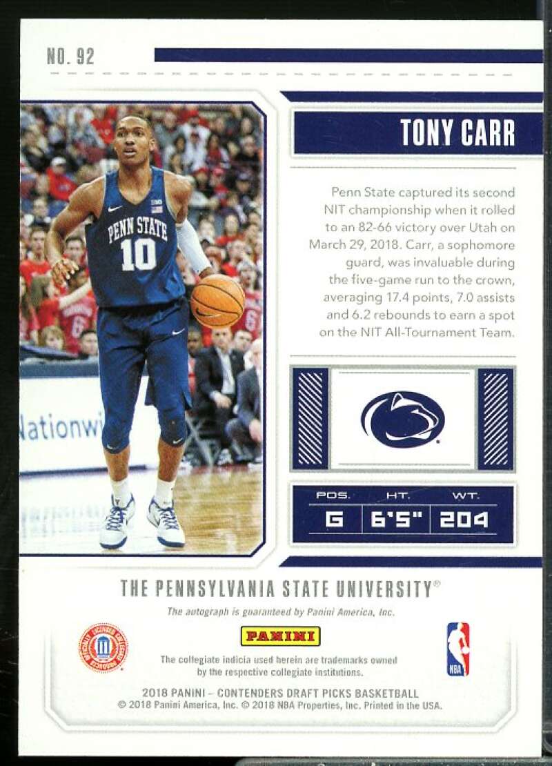 Tony Carr AU Rookie Card 2018-19 Panini Contenders Draft Picks #92  Image 2