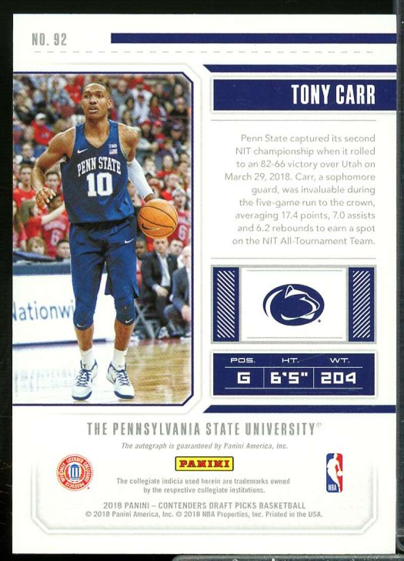 Tony Carr AU Rookie Card 2018-19 Panini Contenders Draft Picks #92  Image 2