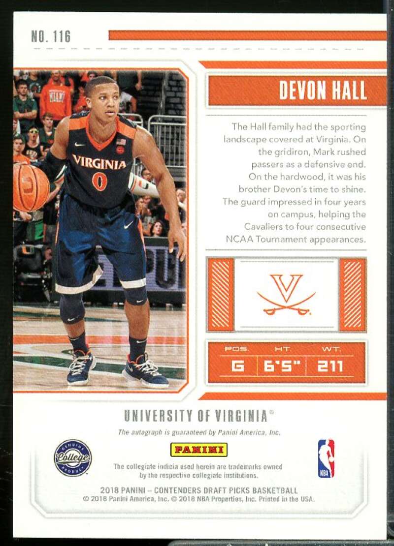 Devon Hall AU Rookie Card 2018-19 Panini Contenders Draft Picks #116  Image 2