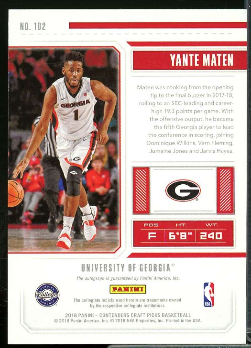 Yante Maten AU Rookie Card 2018-19 Panini Contenders Draft Picks #102  Image 2