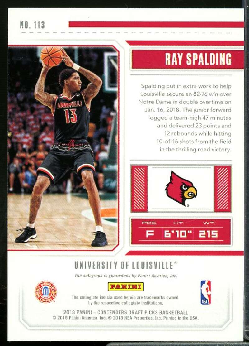 Ray Spalding AU Rookie Card 2018-19 Panini Contenders Draft Picks #113  Image 2