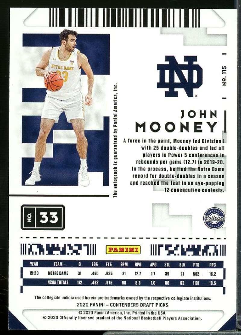 John Mooney AU Rookie Card 2020-21 Panini Contenders Draft Picks #115  Image 2