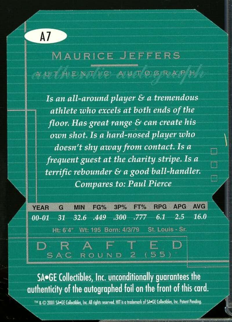 Maurice Jeffers Rookie Card 2001 SAGE HIT Autographs Rare Cut #A7  Image 2