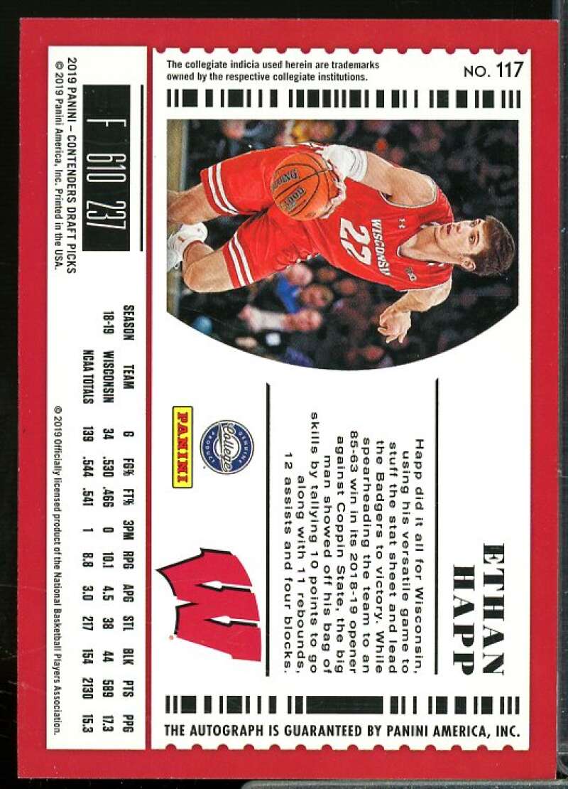 Ethan Happ AU Rookie Card 2019-20 Panini Contenders Draft Picks #117  Image 2