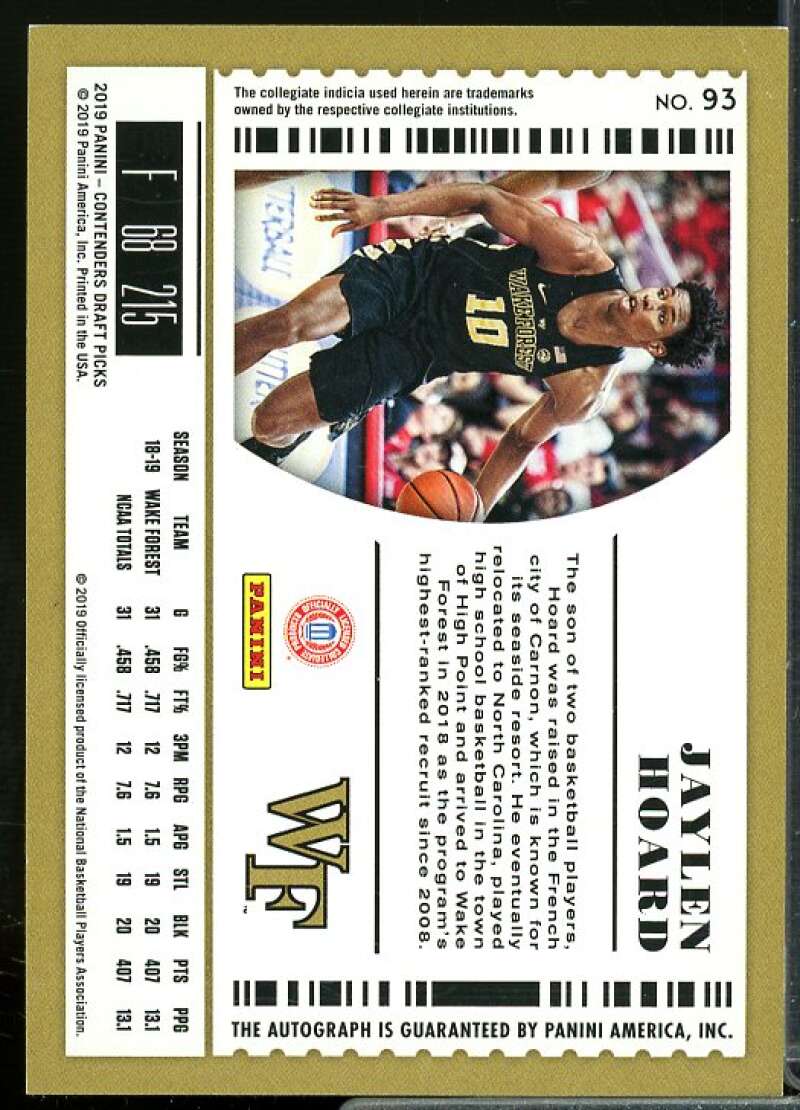 Jaylen Hoard AU Rookie Card 2019-20 Panini Contenders Draft Picks #93  Image 2