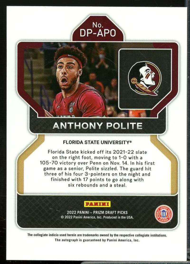 Anthony Polite Card 2022-23 Panini Prizm Draft Picks Draft Picks Autographs #88  Image 2